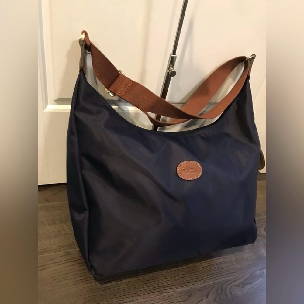 Longchamp Navy Blue Tote Bag with Brown Strap